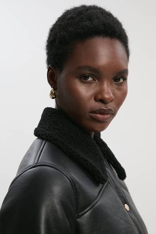 Women's Shearling Black Leather Jacket With Button Closure