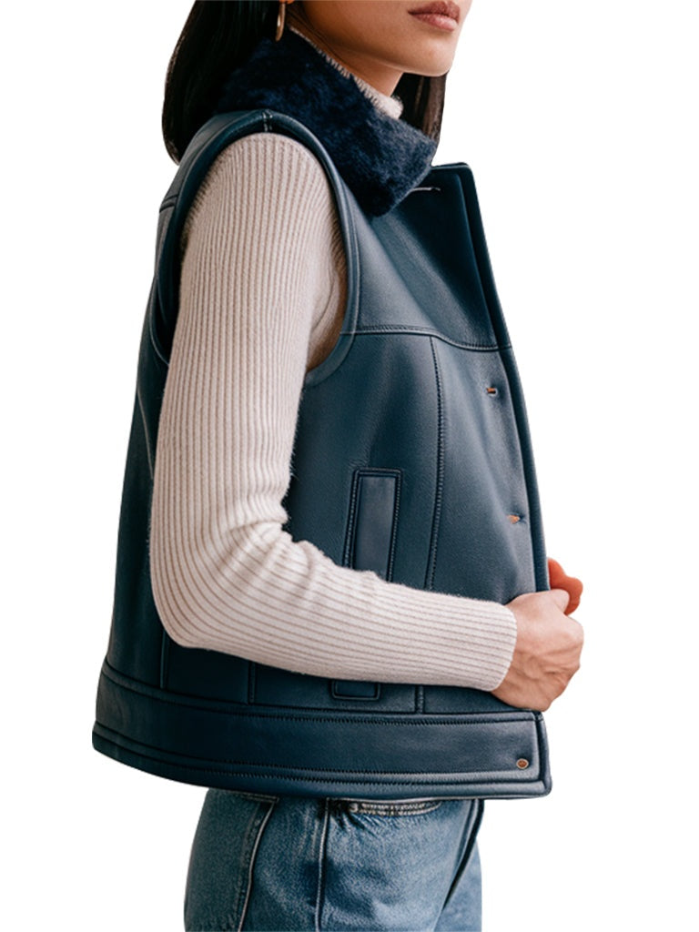 Women's Shearling Black Leather Vest