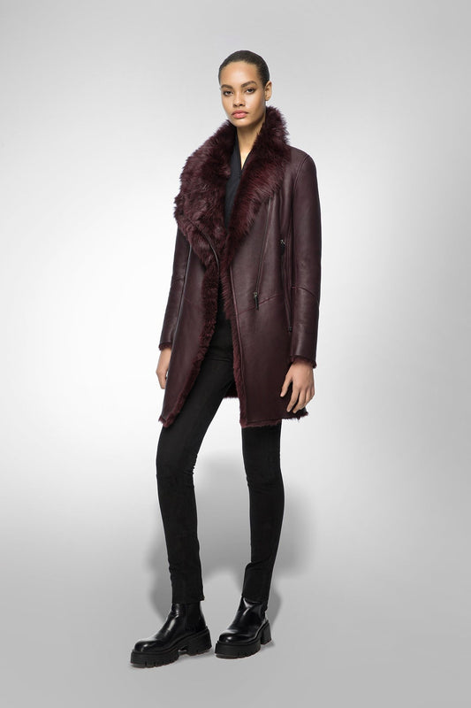 Women's Shearling Fur Leather Coat In Coffee Brown