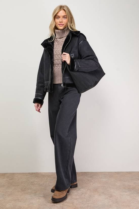 Women's Shearling Sheepskin Black Leather Jacket - Arcane Fox