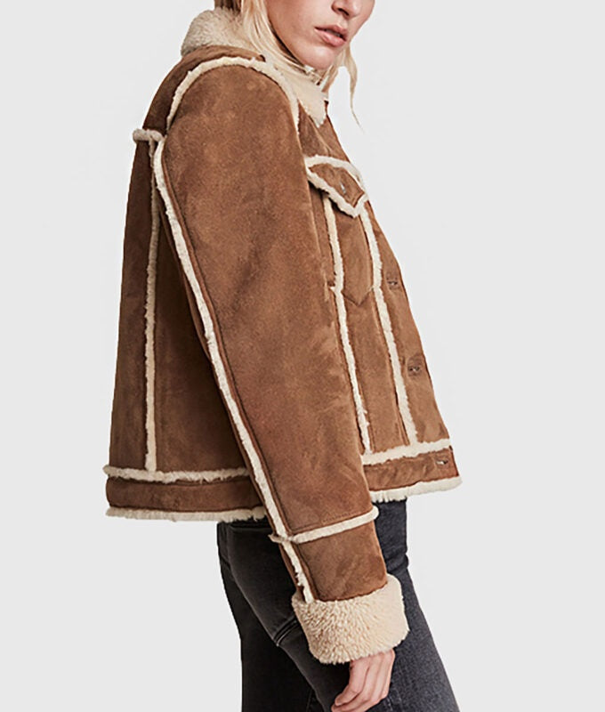 Women's Shearling Trucker Leather Suede Jacket In Brown