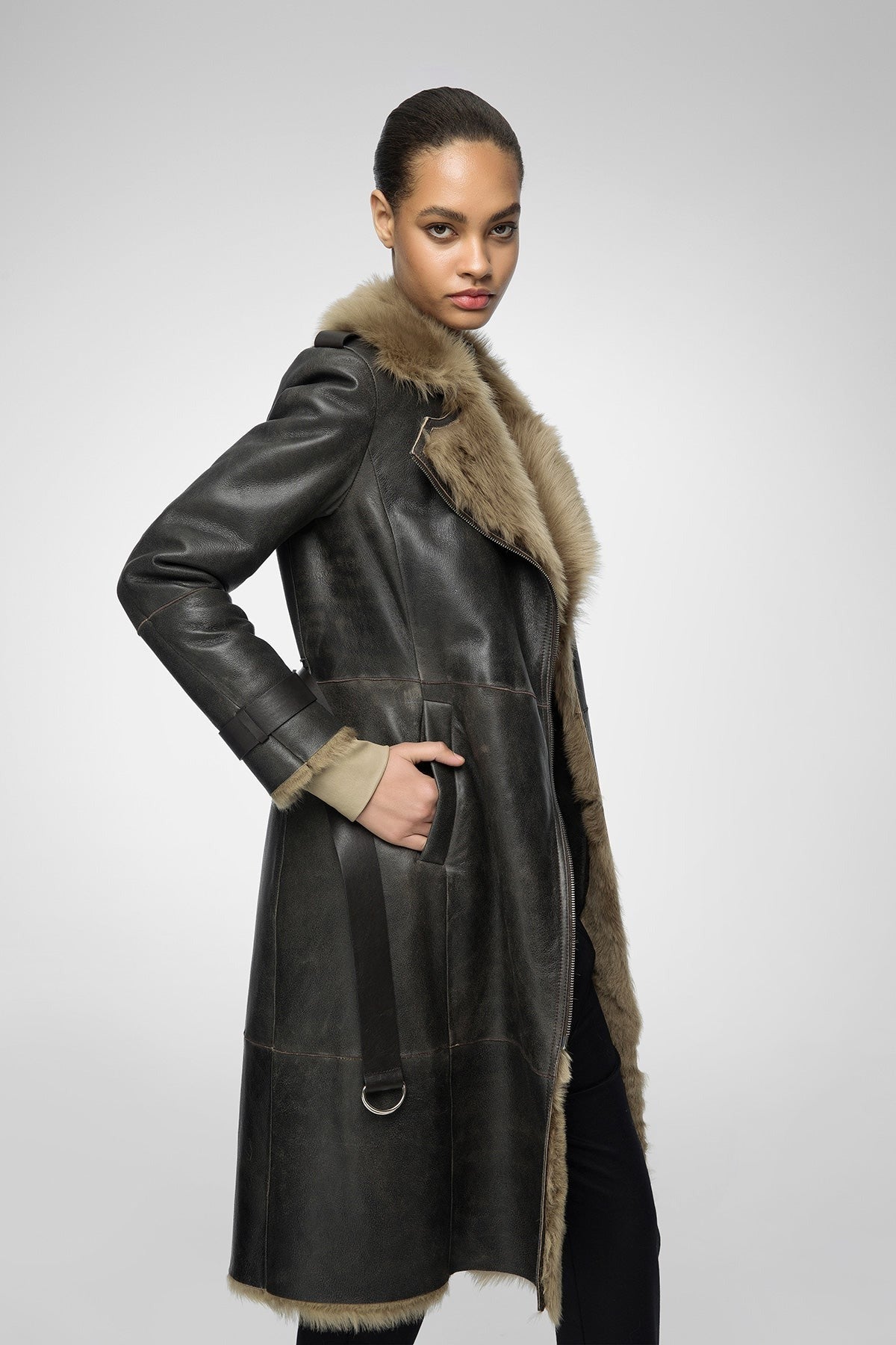 Women's Sheepskin Fur Leather Coat In Coffee Brown
