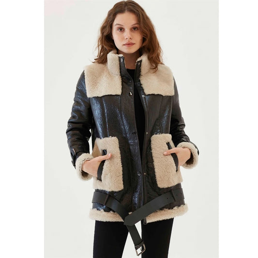 Women's Sheepskin Fur  Leather Coat In Dark Brown