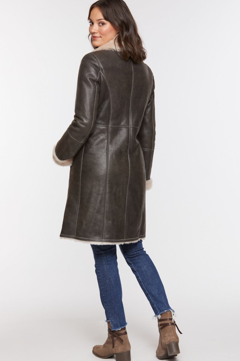 Women's Sheepskin Leather Trench Coat In Black