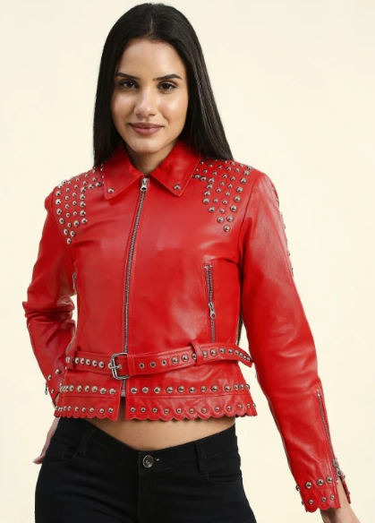 Women's Studded Leather Biker Jacket In Red