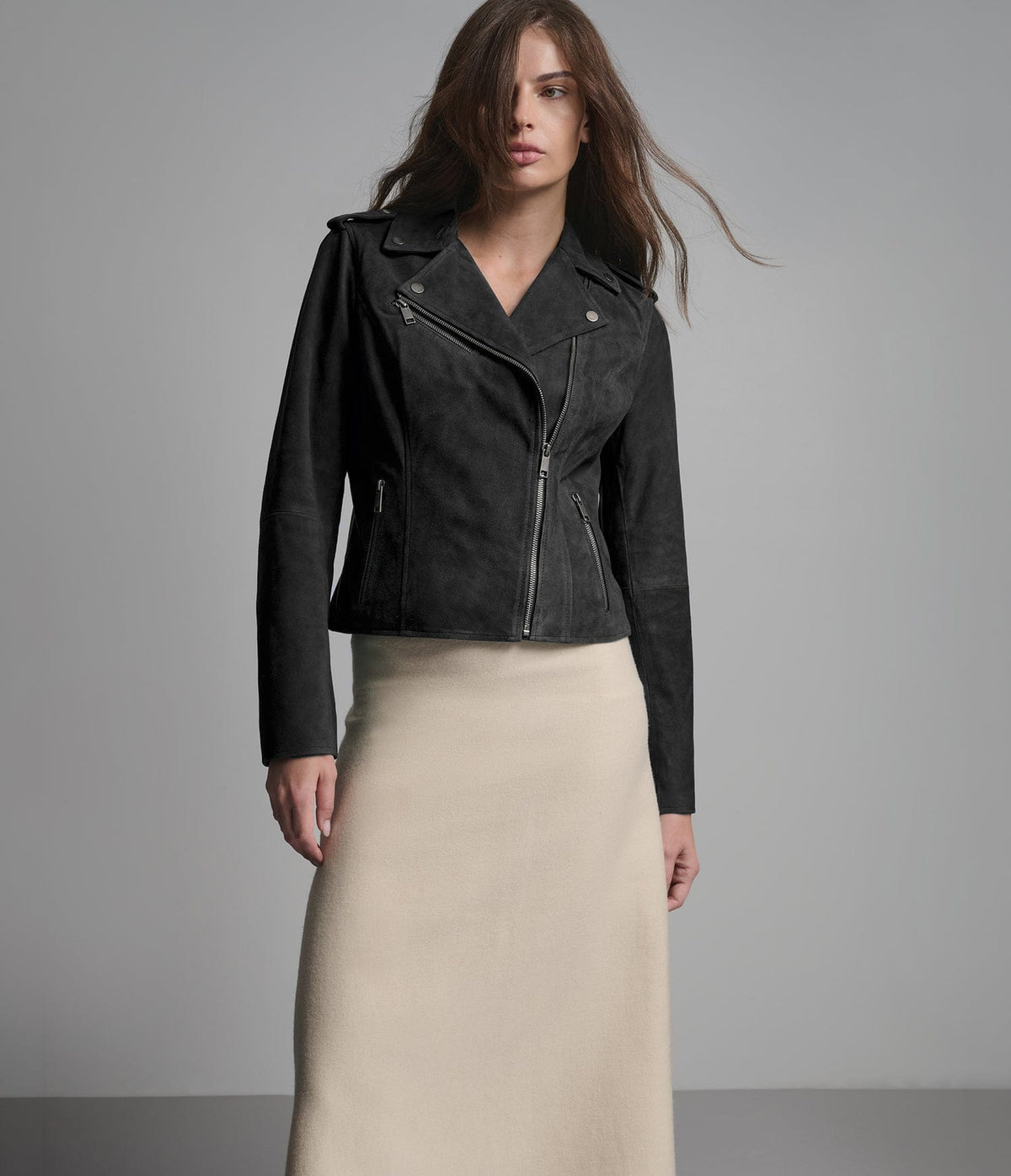 Women's Suede Biker Leather Jacket In Black - Arcane Fox