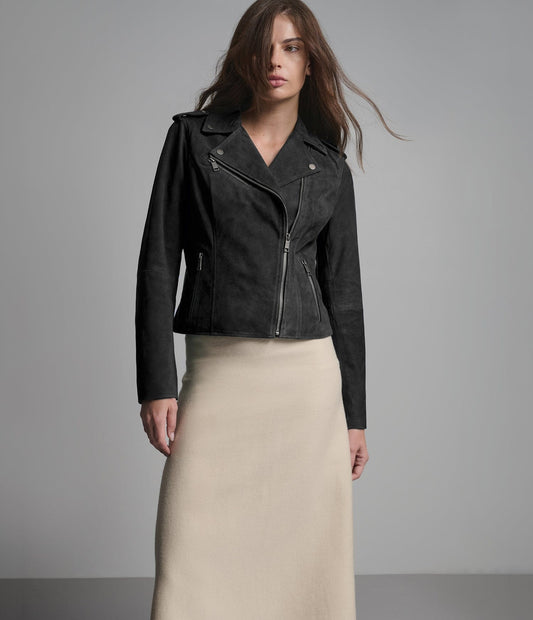 Women's Suede Biker Leather Jacket In Black - Arcane Fox