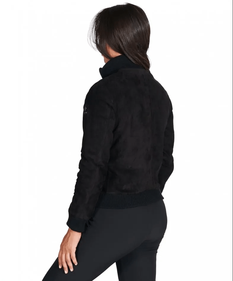 Women's Suede Bomber Leather Jacket In Black
