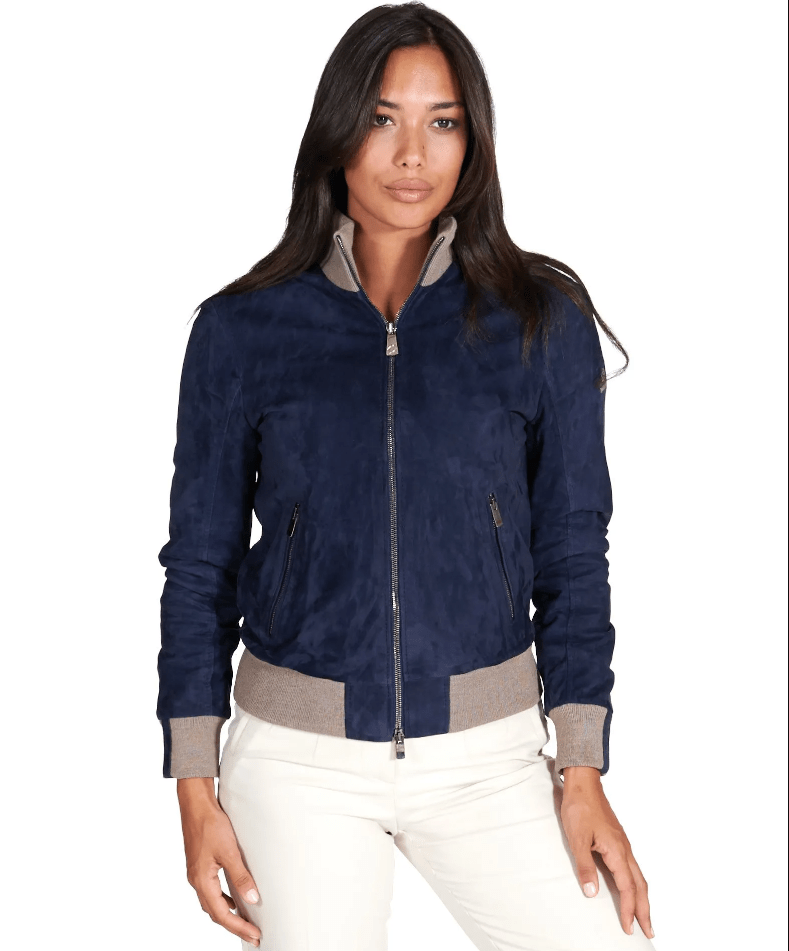 Women's Suede Bomber Leather Jacket In Royal Blue