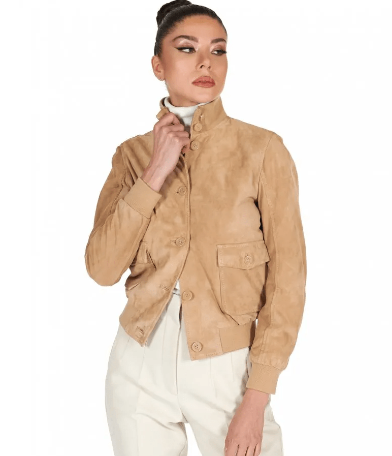 Women's Suede Trucker Leather Bomber Jacket In Tan Brown