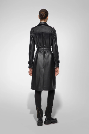 Women's Trench Leather Coat In Black With Belted Waist