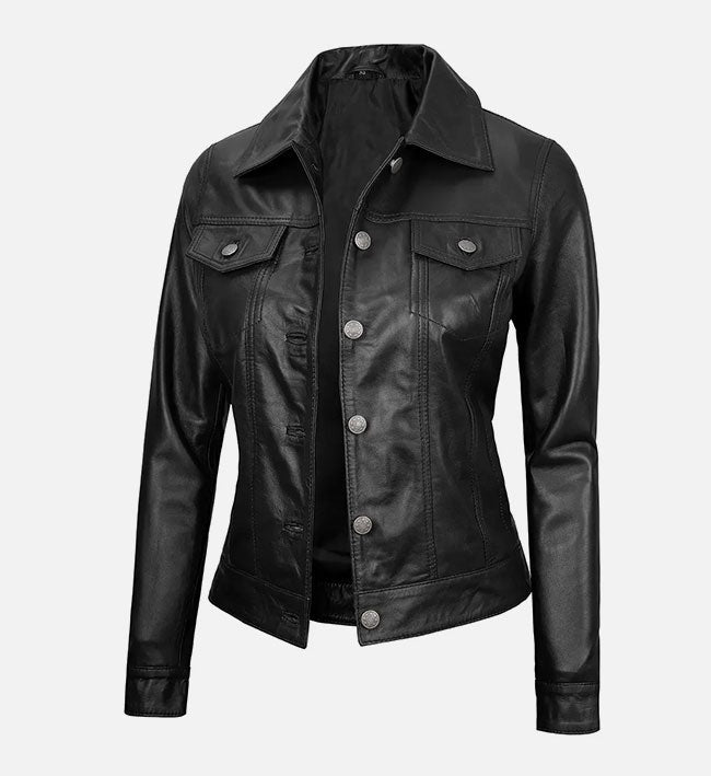 Women's Trucker Black Lambskin Leather Jacket - Arcane Fox