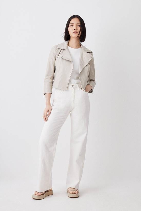 Women's White Biker Leather Jacket With 3/4 Sleeves - Arcane Fox