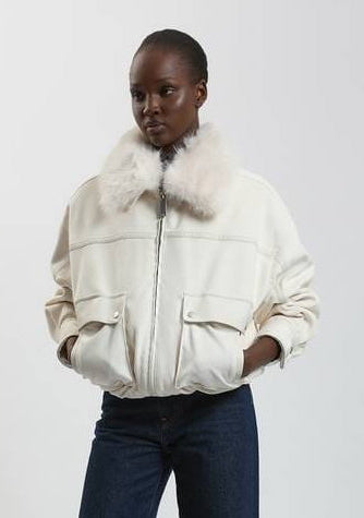Women's White Harrington Leather Jacket With Shearling Collar - Arcane Fox