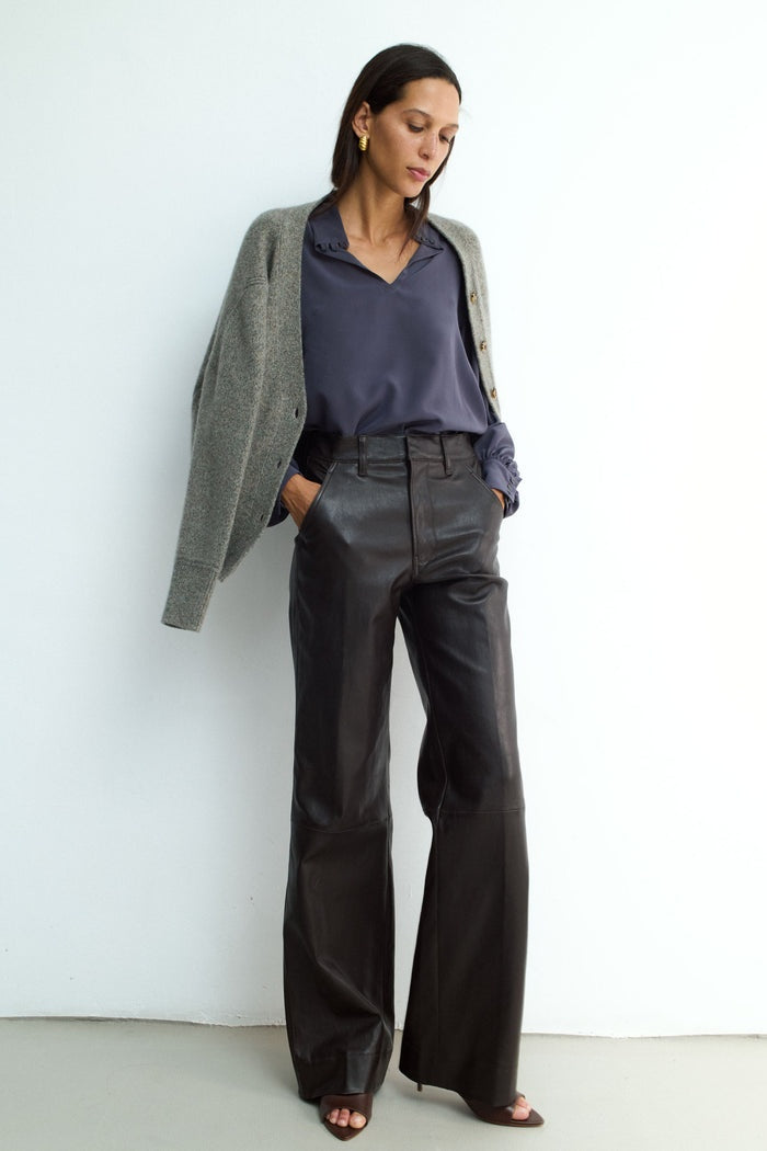 Women's Wide Leg Black Biker Leather Pant