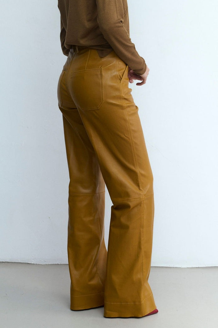 Women's Wide Leg Brown Biker Leather Pant