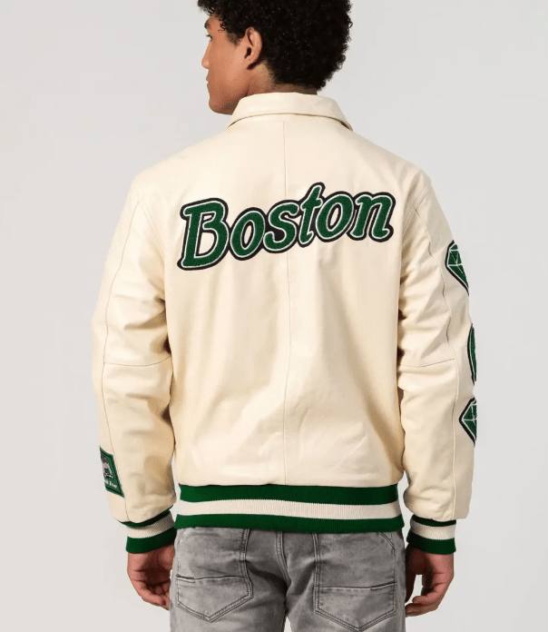 Boston Limited Edition Bomber Varsity Leather Jacket In Off White