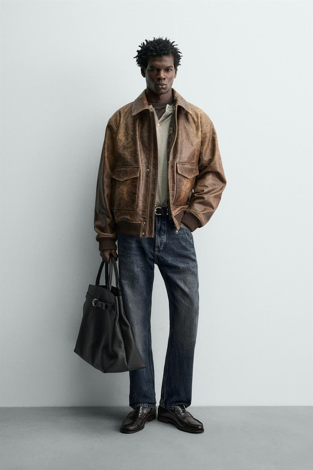 Men's Brown Bomber Distressed Leather Jacket
