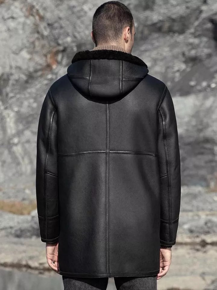 Men's Double Sided Shearling Leather Coat In Black With Hood