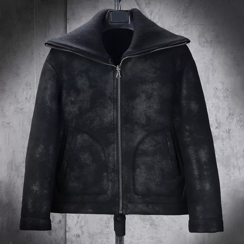 Men's Oversized Collar Shearling Black Leather Jacket