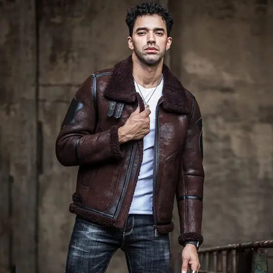 Arcane Fox - Men's Shearling B3 Fur Leather Jacket In Chocolate Brown