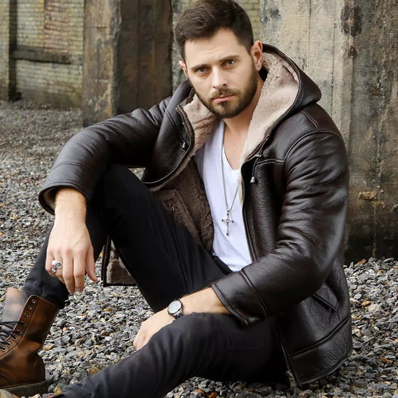 Men's Shearling Hooded Leather Jacket In Coffee Brown
