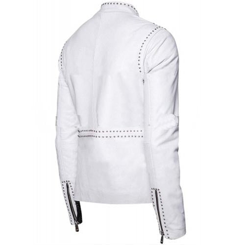 Men's Studded Motorcycle Leather Jacket In White - Arcane Fox