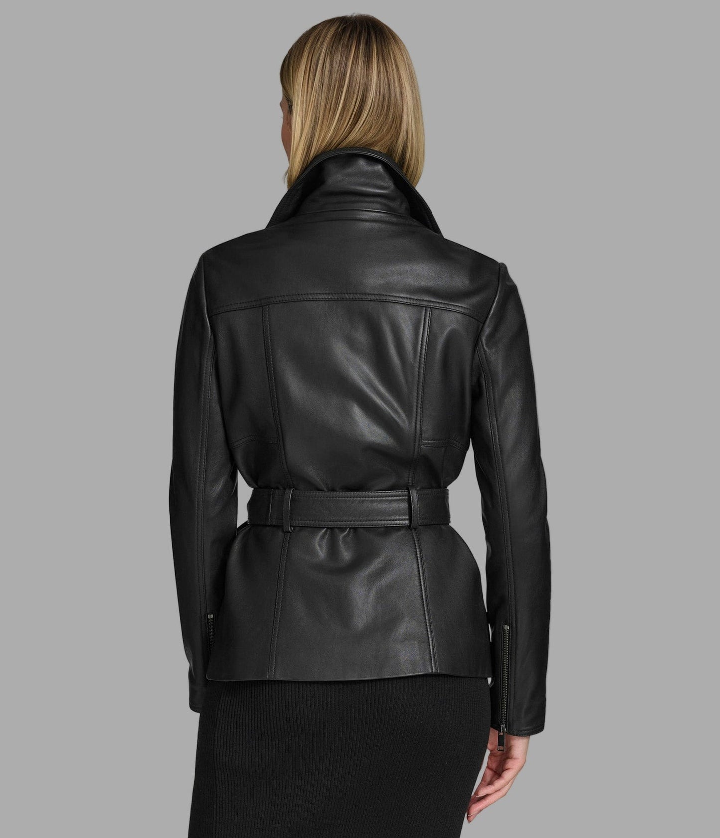 Women's Belted Scuba Black Leather Jacket - Arcane Fox
