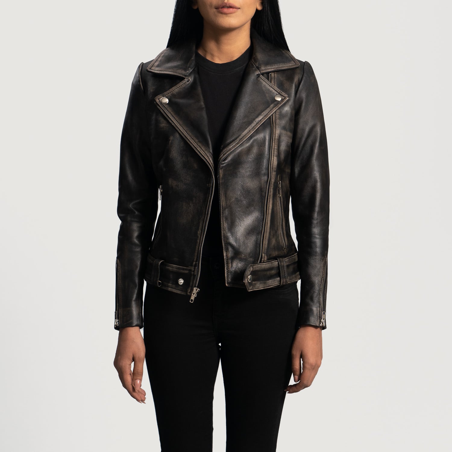 Women's Biker Distressed Leather Jacket In Black