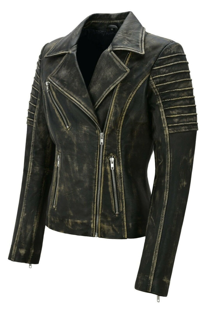 Women's Black Distressed Leather Biker Jacket