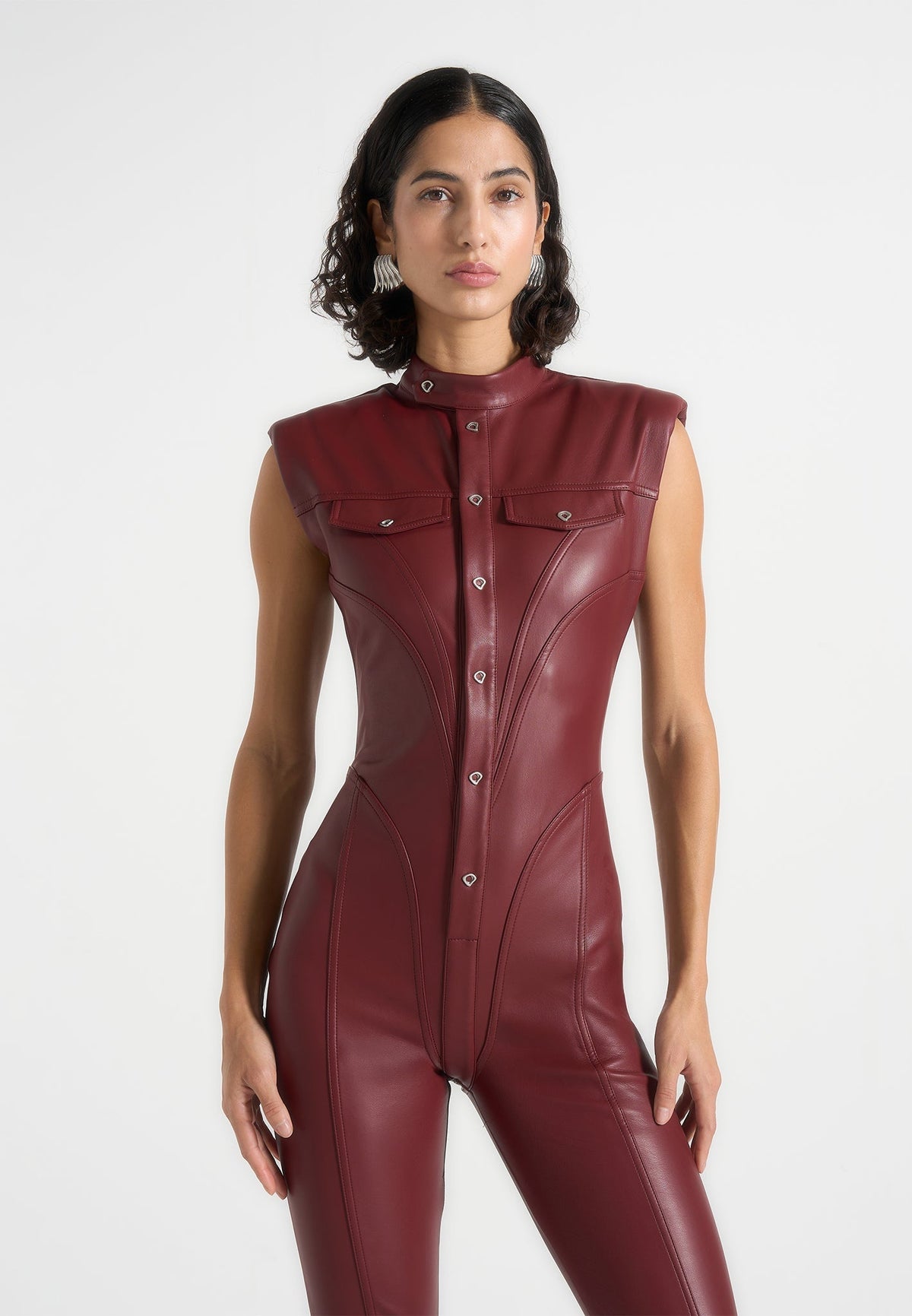 Women's Bodycon Maroon Leather Jumpsuit