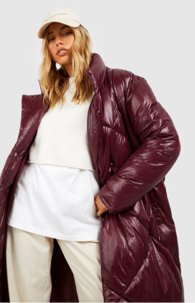 Arcane Fox - Women's Oversized Puffer Belted Coat In Maroon
