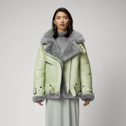 Arcane Fox - Women's Shearling Aviator Fur Leather Jacket In Mint Green