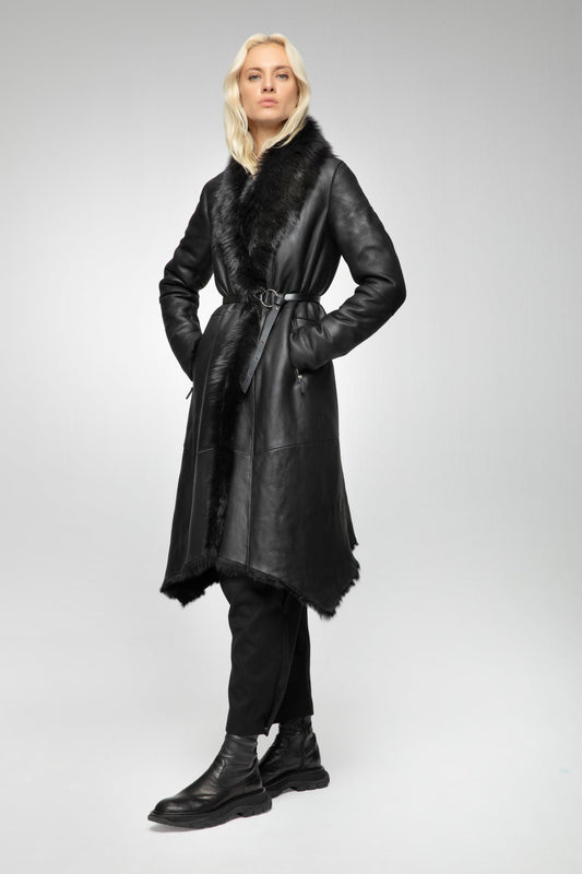 Women's Shearling Leather Trench Coat In Black Arcane Fox