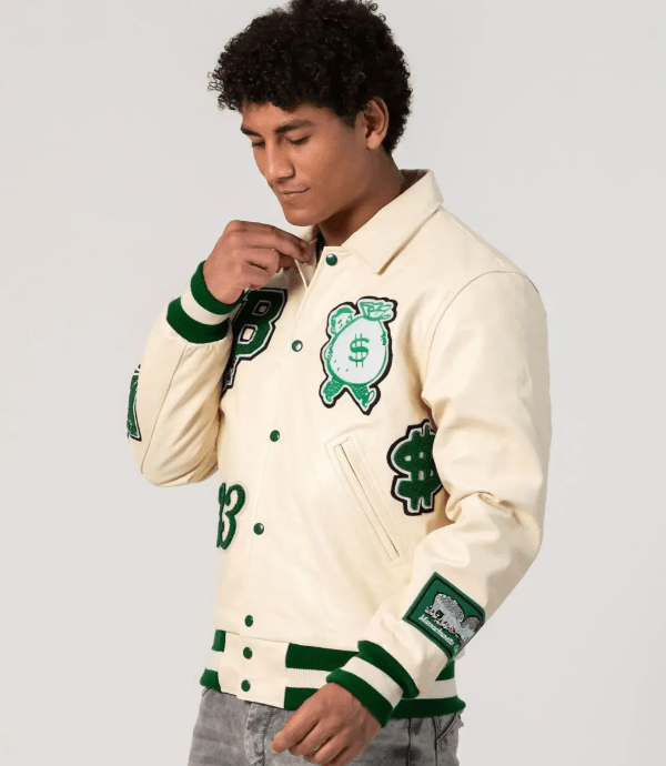 Boston Limited Edition Bomber Varsity Leather Jacket In Off White