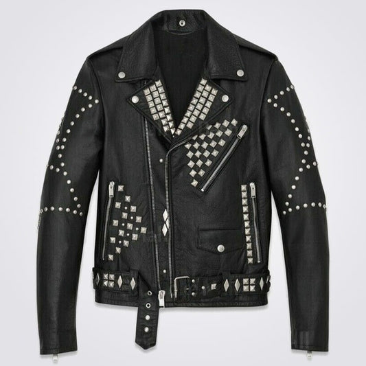 Arcane Fox - Men's Belted Biker Studded Leather Jacket In Black