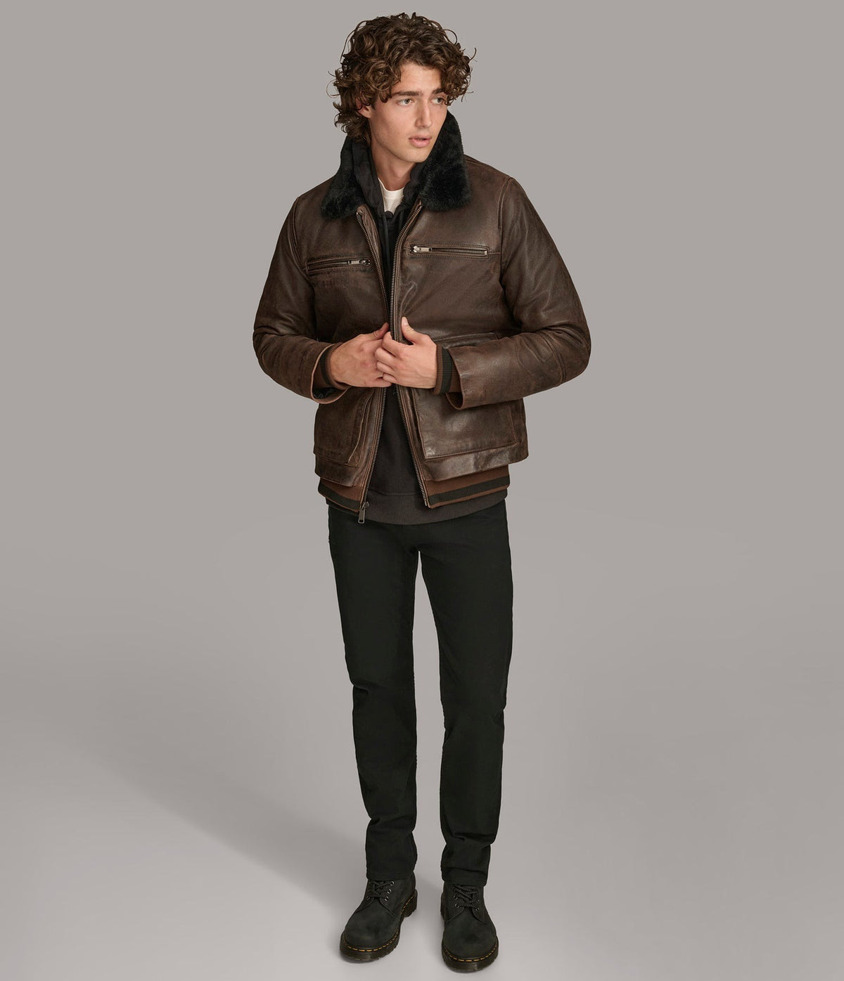 Men' Dark Brown Shearling Harrington Leather Jacket