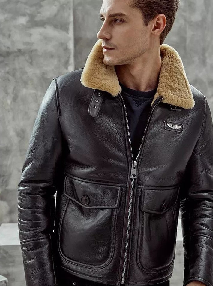 Men's Aviator Raf Shearling Leather Jacket In Black