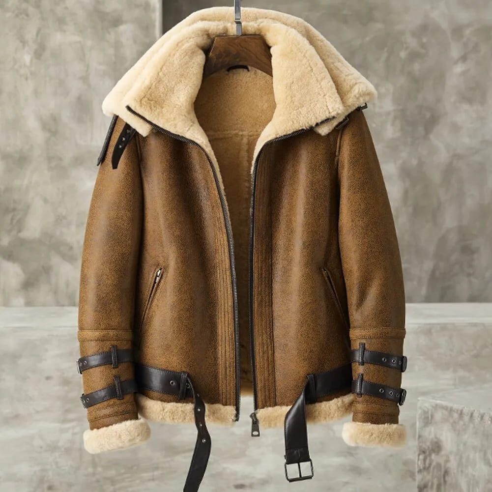 Men's B3 Belted Shearling Leather Jacket In Brown With Oversized Collar - Arcane Fox