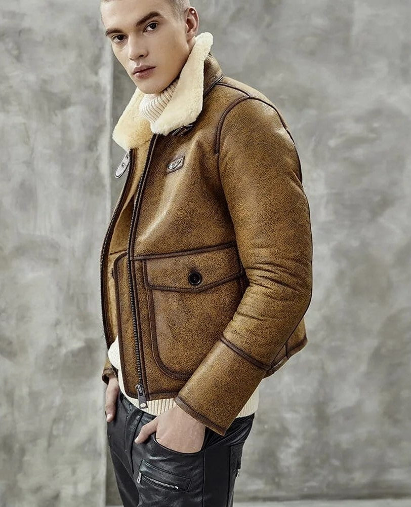Men's B3 Harrington Shearling Leather Jacket In Brown - Arcane Fox