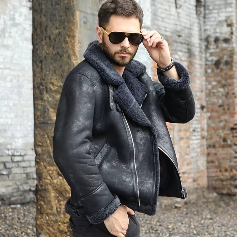 Men's B3 Shearling Biker Black Leather Jacket