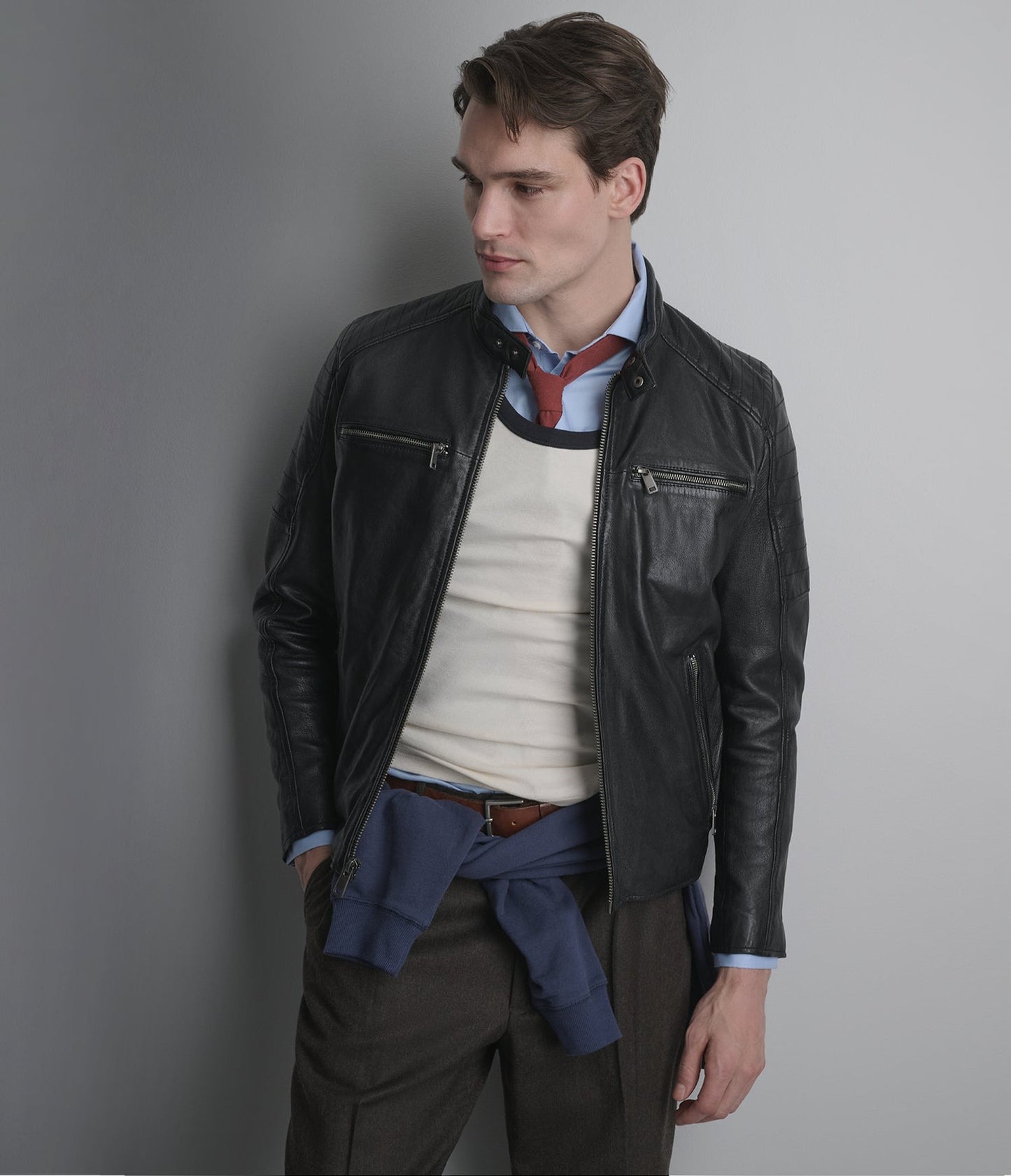 Men's Black Biker Cafe Racer Leather Jacket