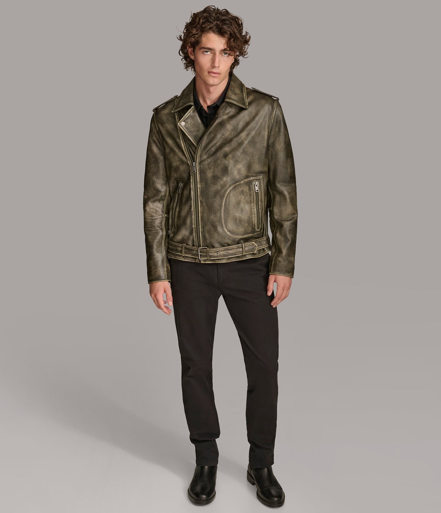 Men's Belted Distressed Biker Leather Jacket