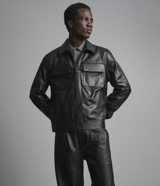 Men's Black Leather Trucker Jacket - Arcane Fox