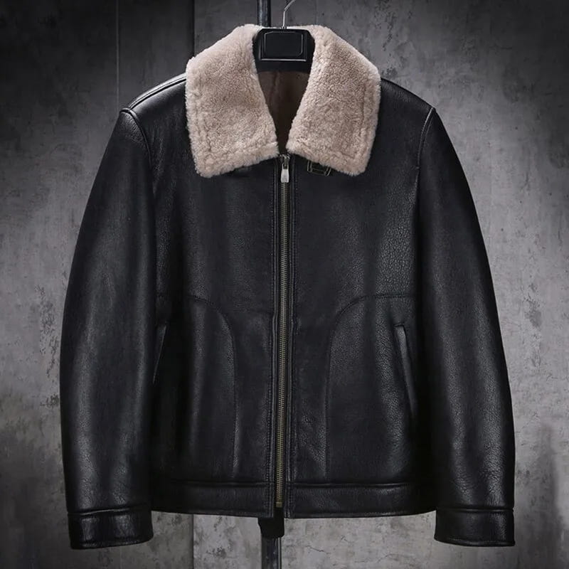 Men's Black Shearling Aviator Leather Jacket - Arcane Fox