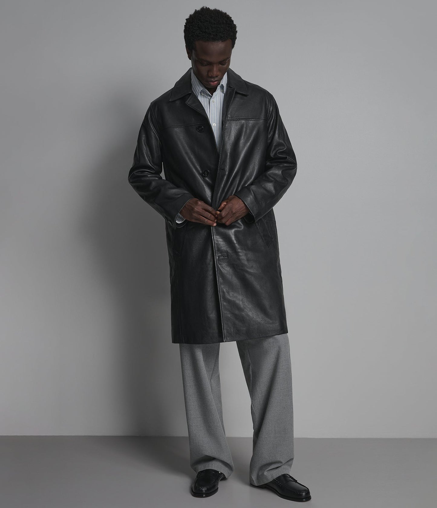 Men's Black Trench Leather Coat - Arcane Fox