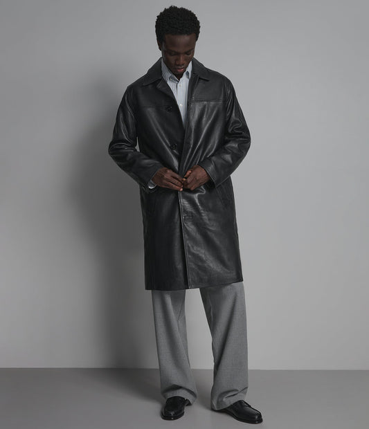 Men's Black Trench Leather Coat - Arcane Fox