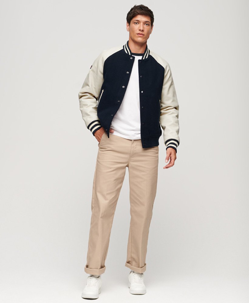 Men's Bomber Varsity Leather Jacket In Black & White Sleeves