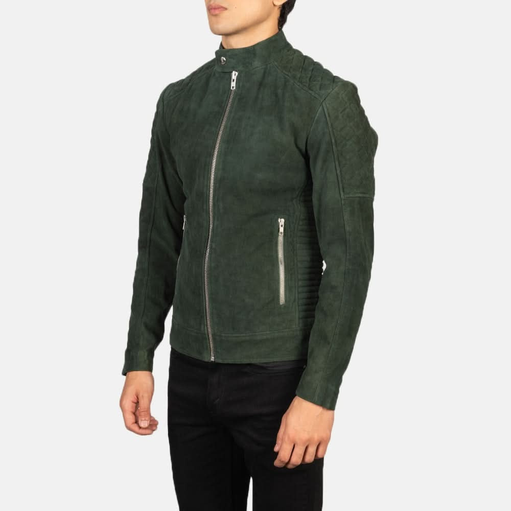 Men's Cafe Racer Suede Green Leather Jacket