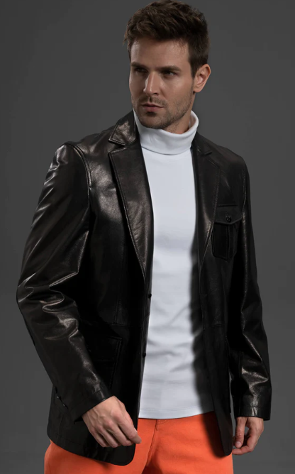 Men's Classic Black Leather Blazer